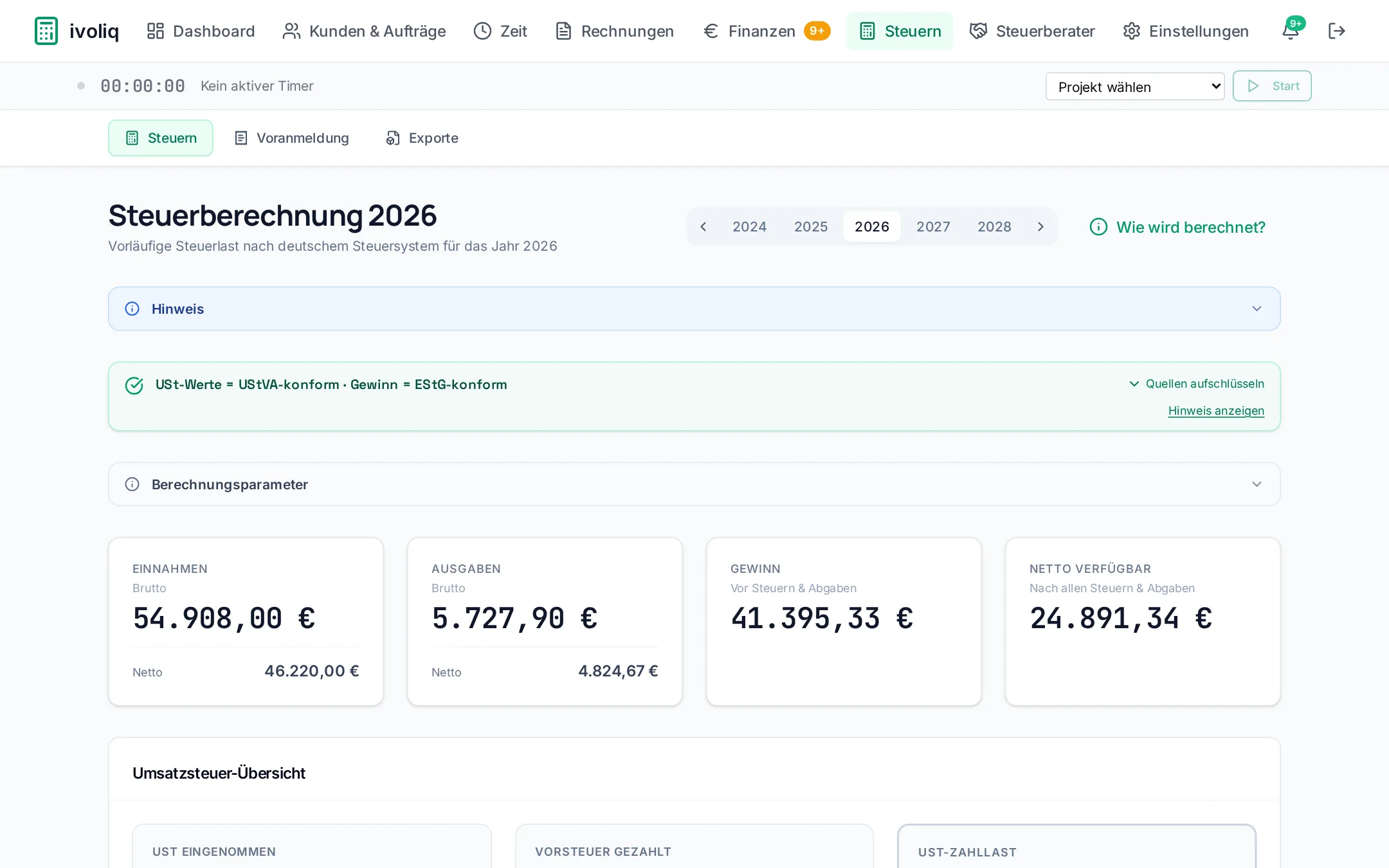 ivoliq Steuer-Dashboard mit Rücklagen und Prognose
